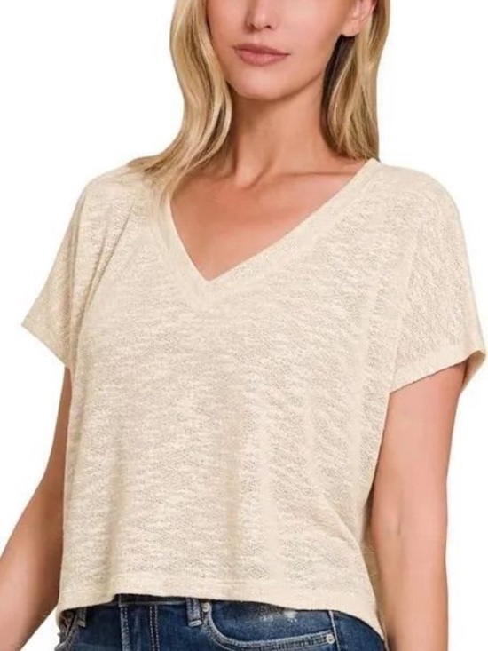 Zenana Outfitters Tops - Zenana Hacci V-Neck Short Sleeve Boxy Top in Cream Mult sizes S-XL